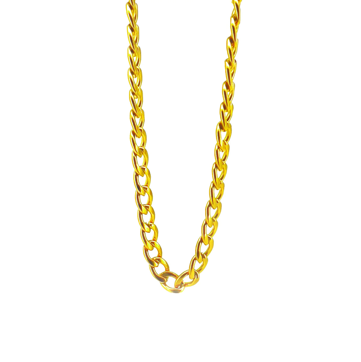 Gold chain necklace with interlocking links.