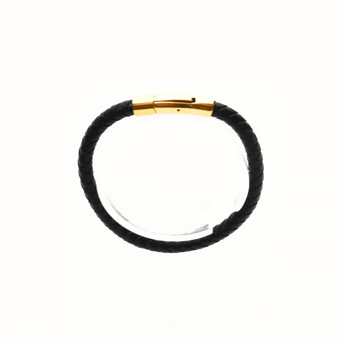 Black leather bracelet with a gold-colored clasp.