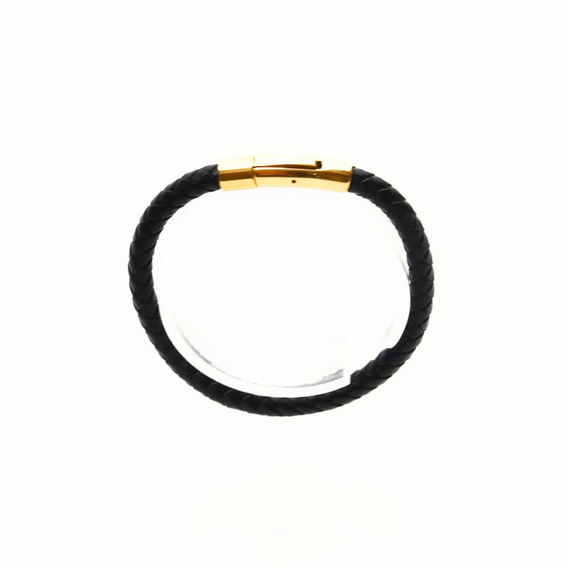 Black leather bracelet with a gold-colored clasp.