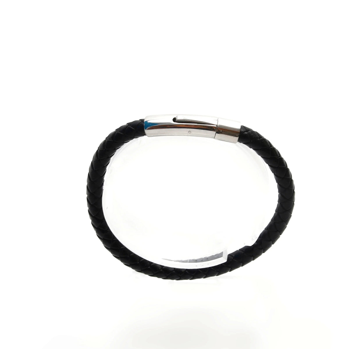 Black braided leather bracelet with a silver clasp.