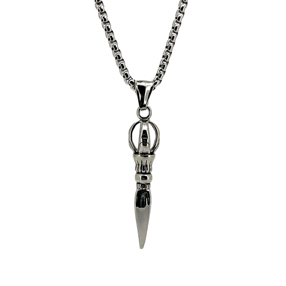 Silver pendant necklace featuring a stylized dagger or spike charm.