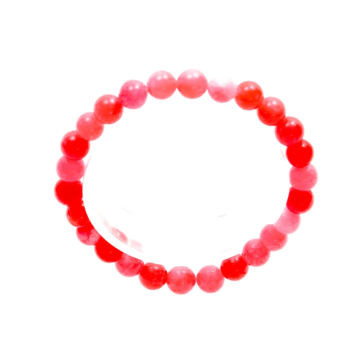 Red and pink beaded bracelet in a circular shape.