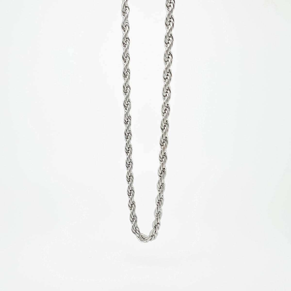 Silver rope chain necklace with twisted links.