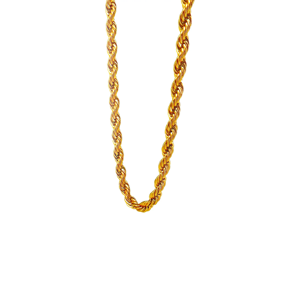 Gold rope chain necklace with a twisted pattern.