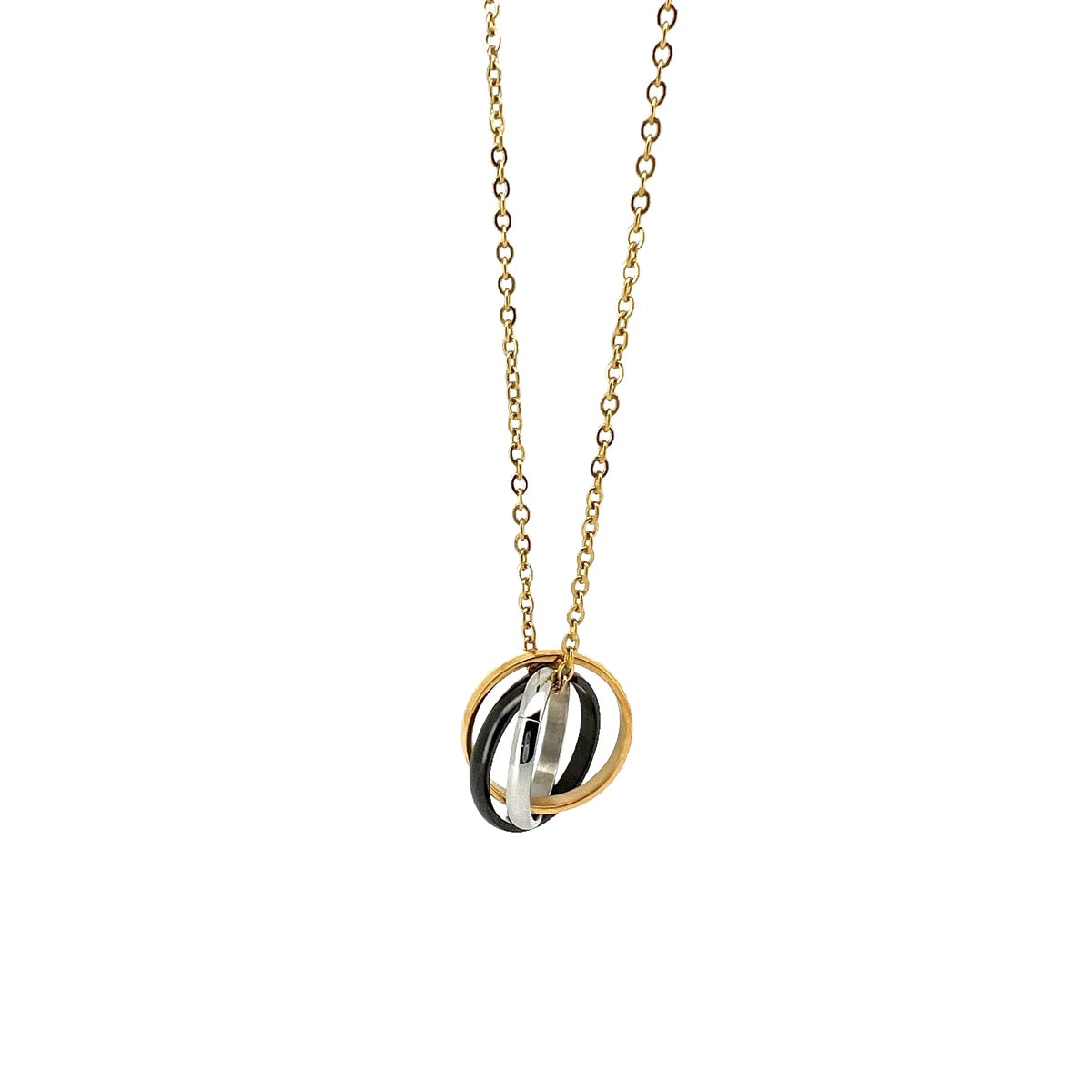 Tri-color metal pendant necklace with interlocking rings on a delicate chain.