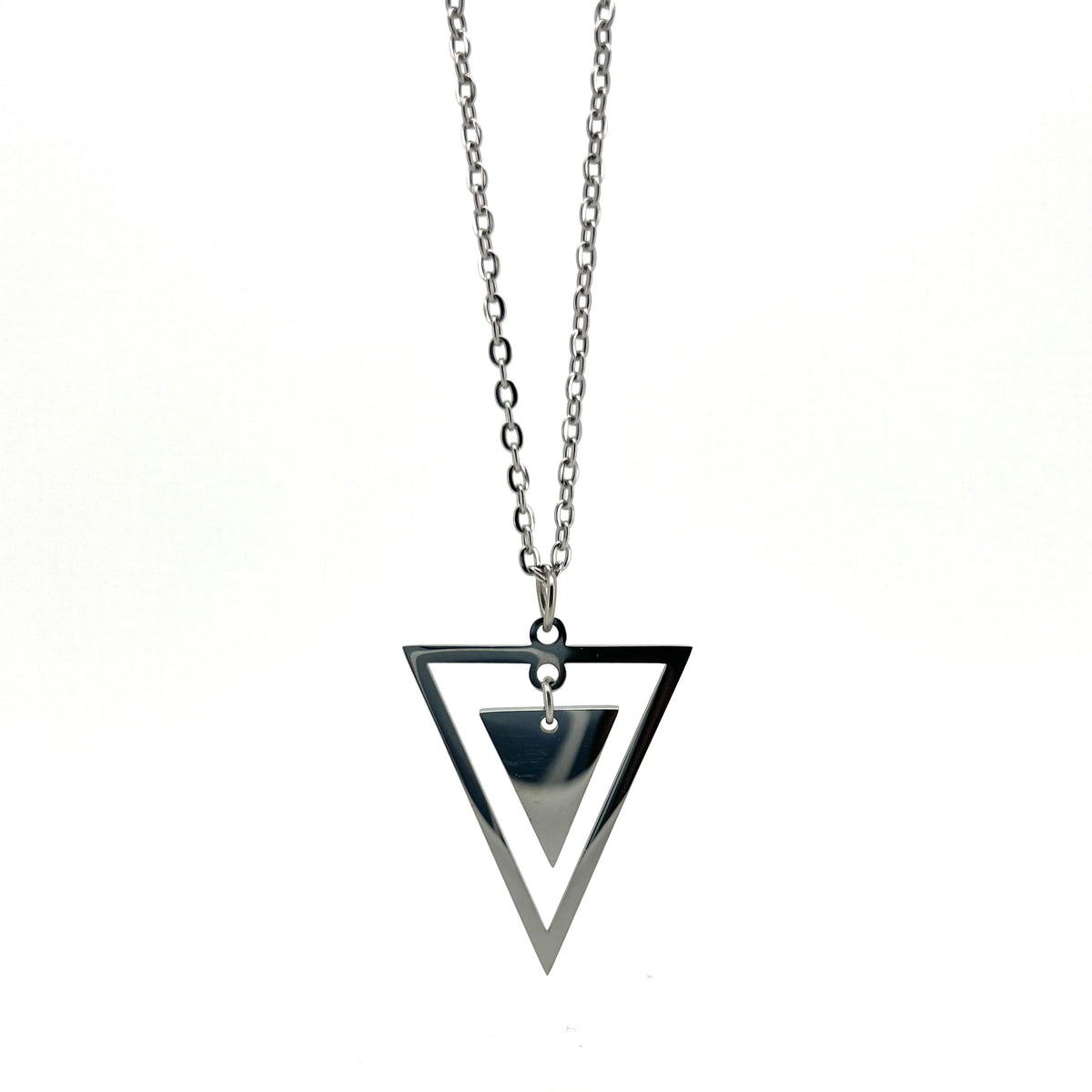 Silver necklace with a double triangle pendant.