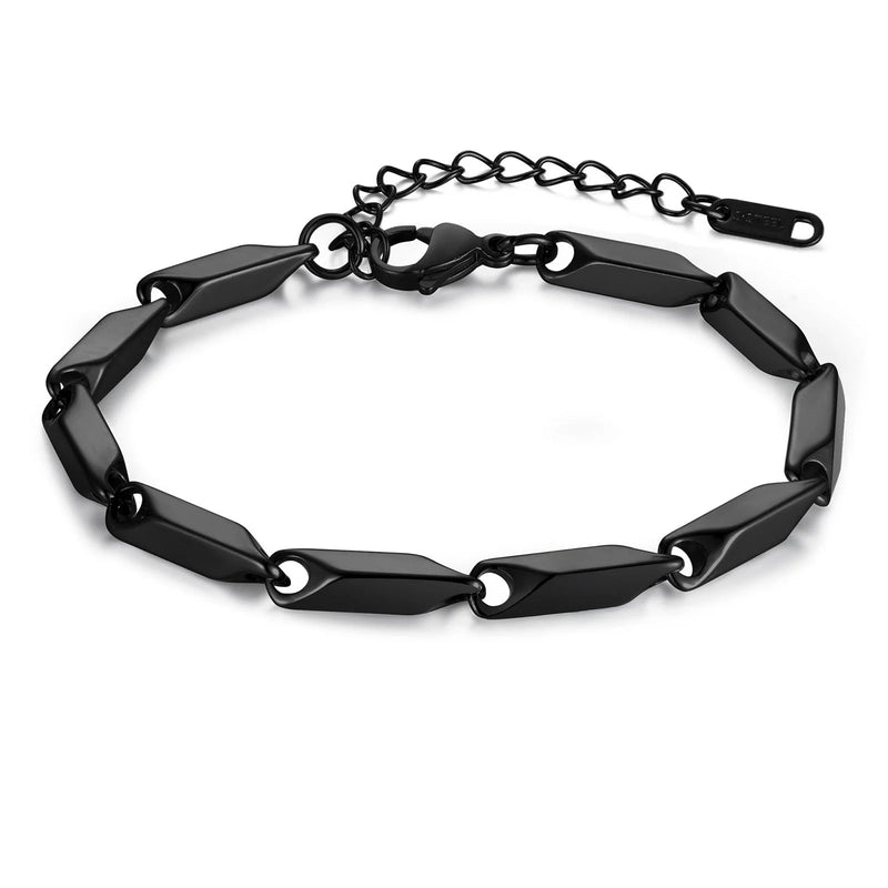 Black metal bracelet with elongated geometric links and a clasp.