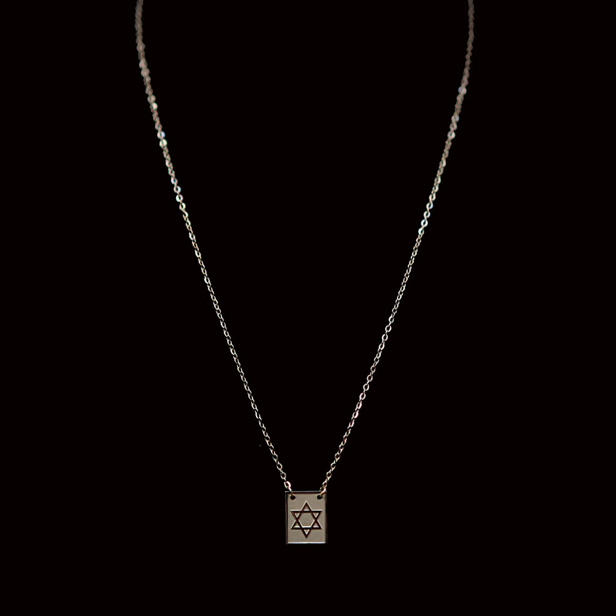 Silver necklace with a Star of David pendant on a chain.