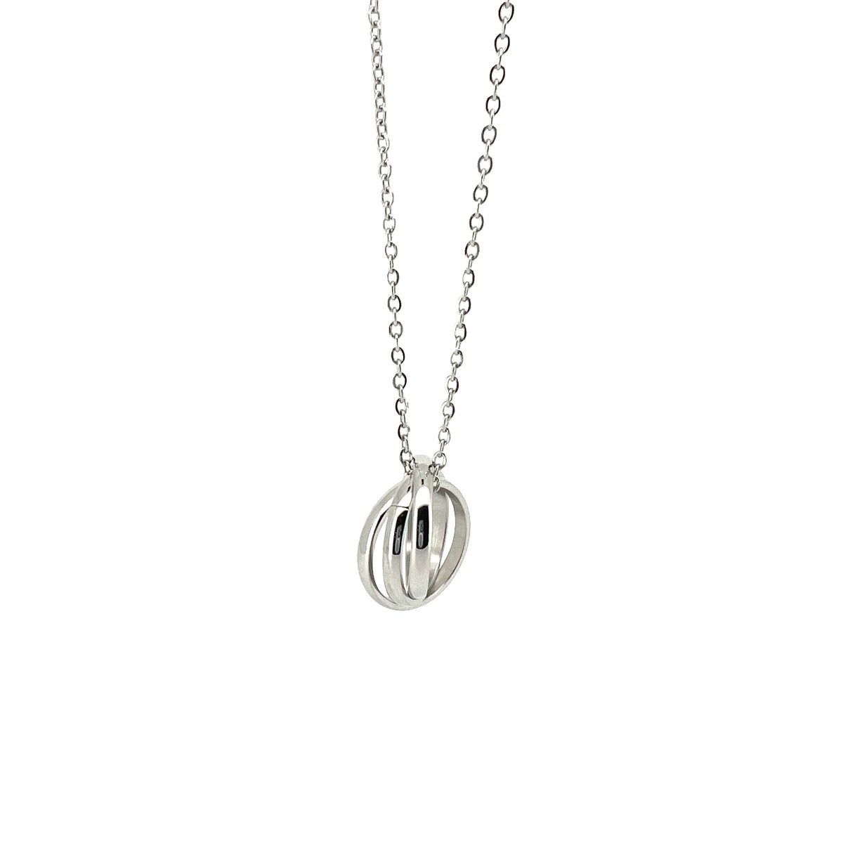 Silver pendant necklace with an abstract spherical charm.