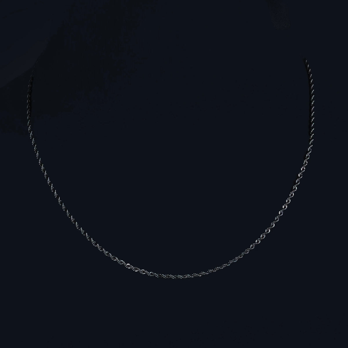 Delicate silver chain necklace against a black background.