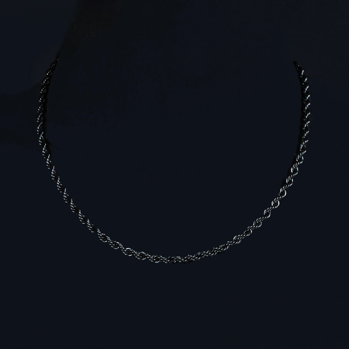 Silver twisted chain necklace against a dark background.