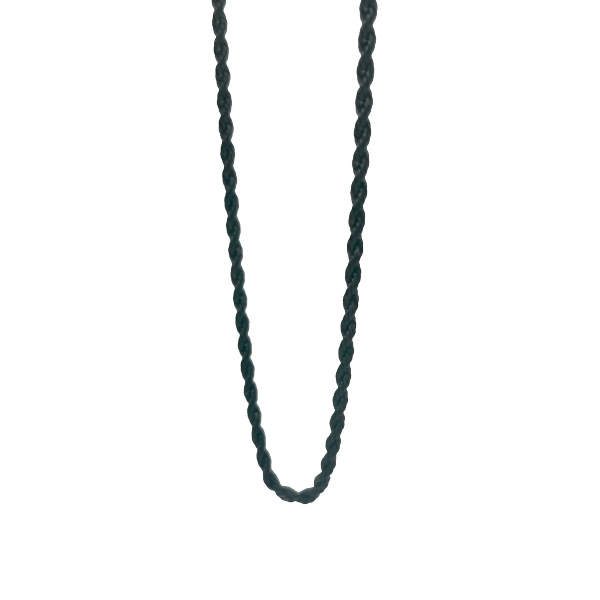 Twisted or braided dark-colored chain necklace.