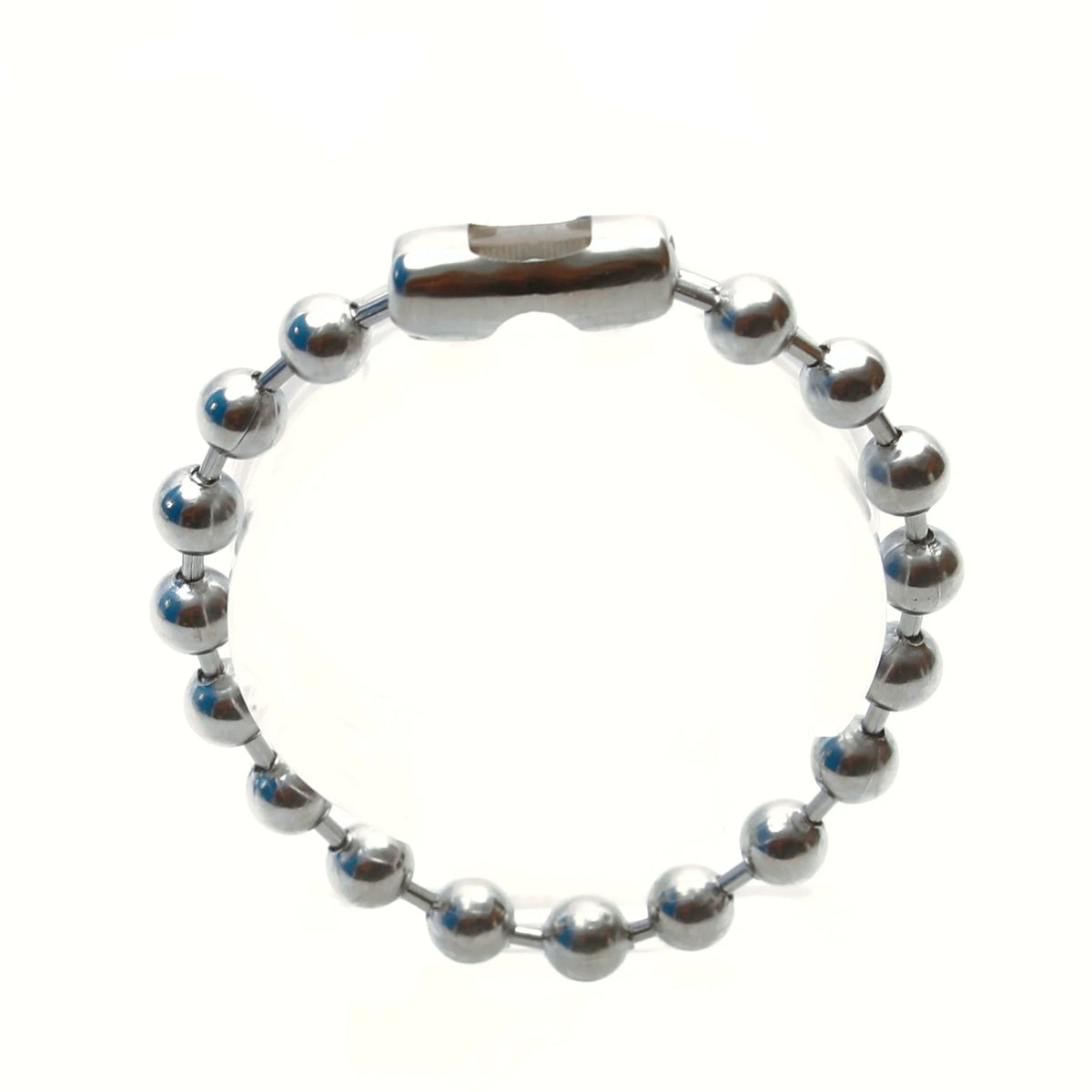 Silver bead bracelet with a cylindrical clasp.