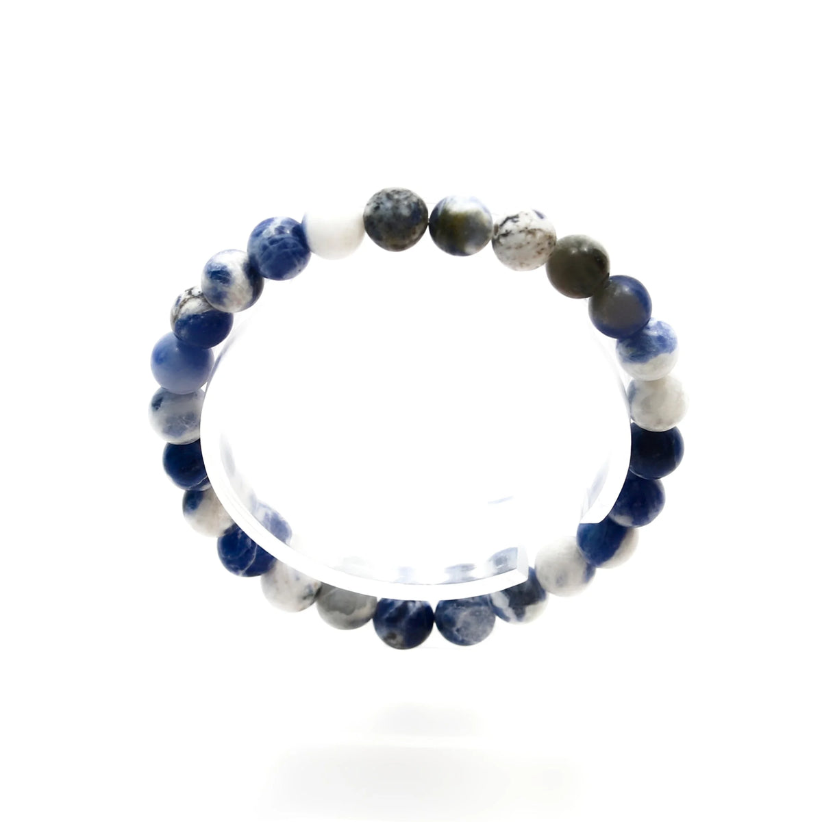 Beaded bracelet with blue, white, and gray stones.