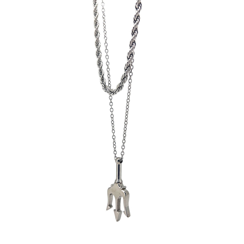 Silver necklace with a fork-shaped pendant.