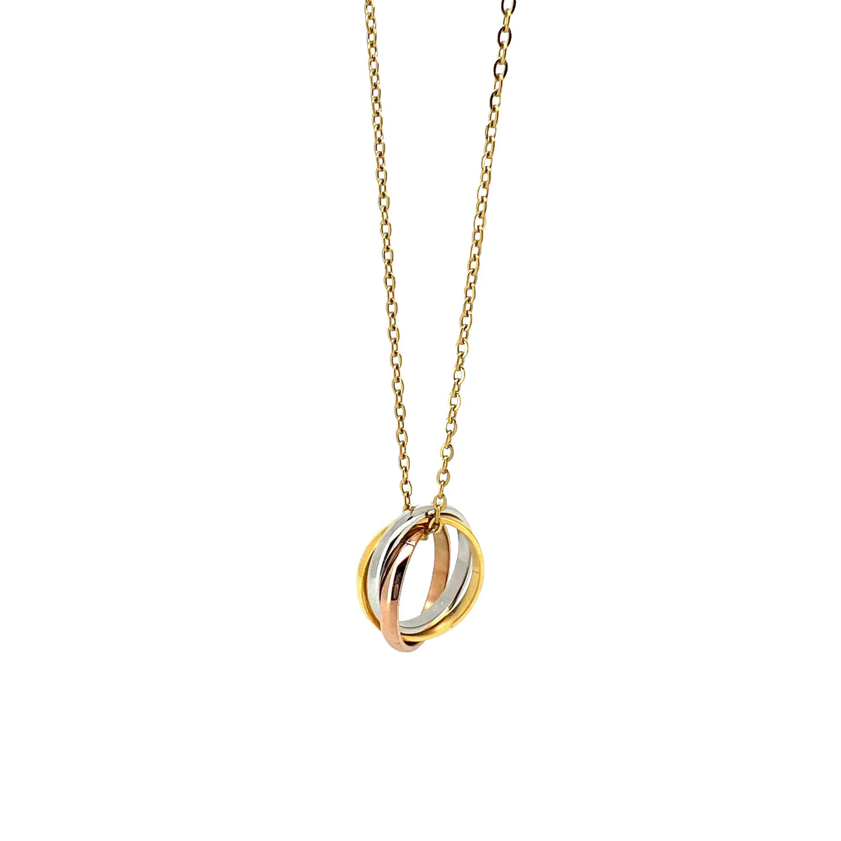 Tri-color interlocking ring pendant on a gold chain necklace.