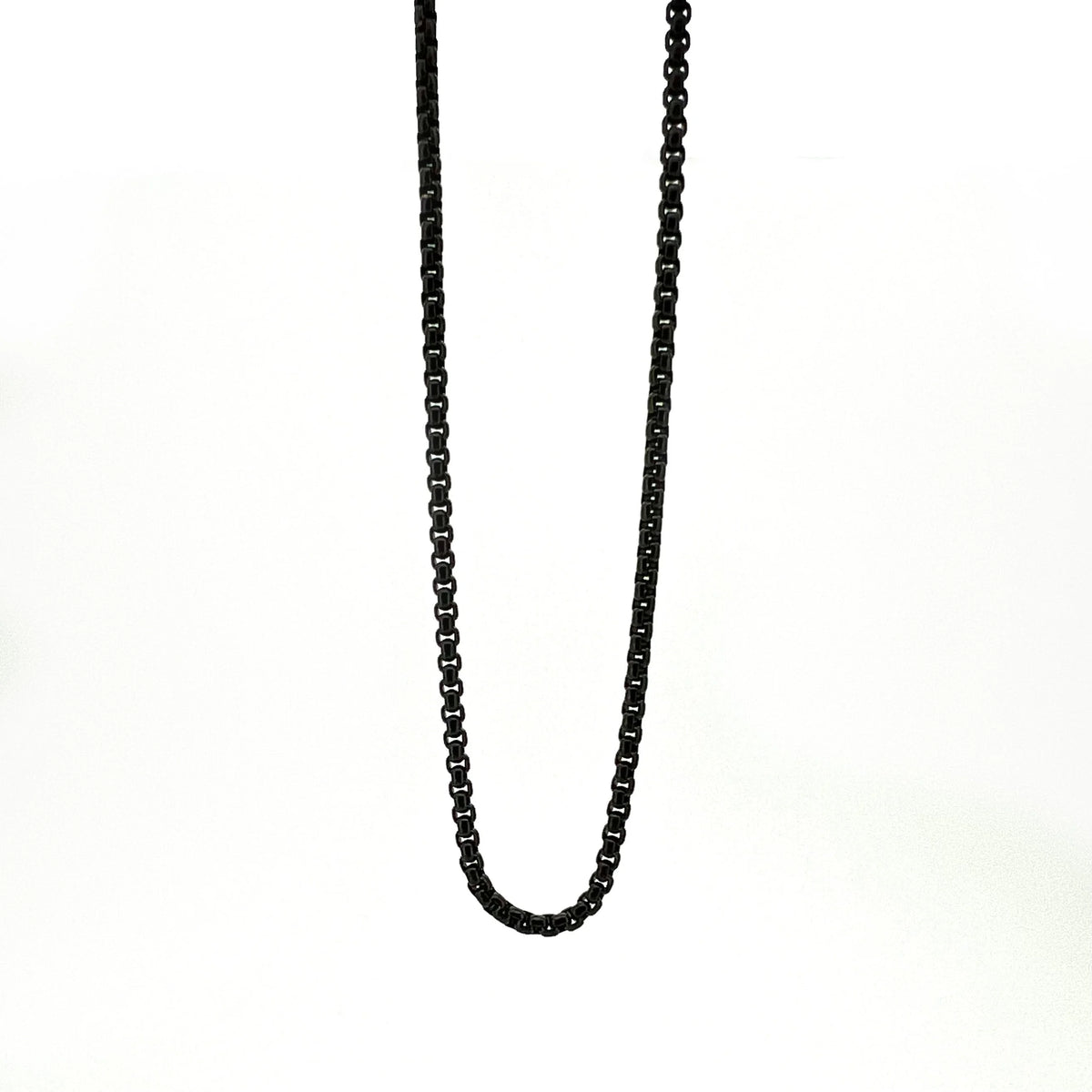 Black metal chain necklace with small, uniform links.