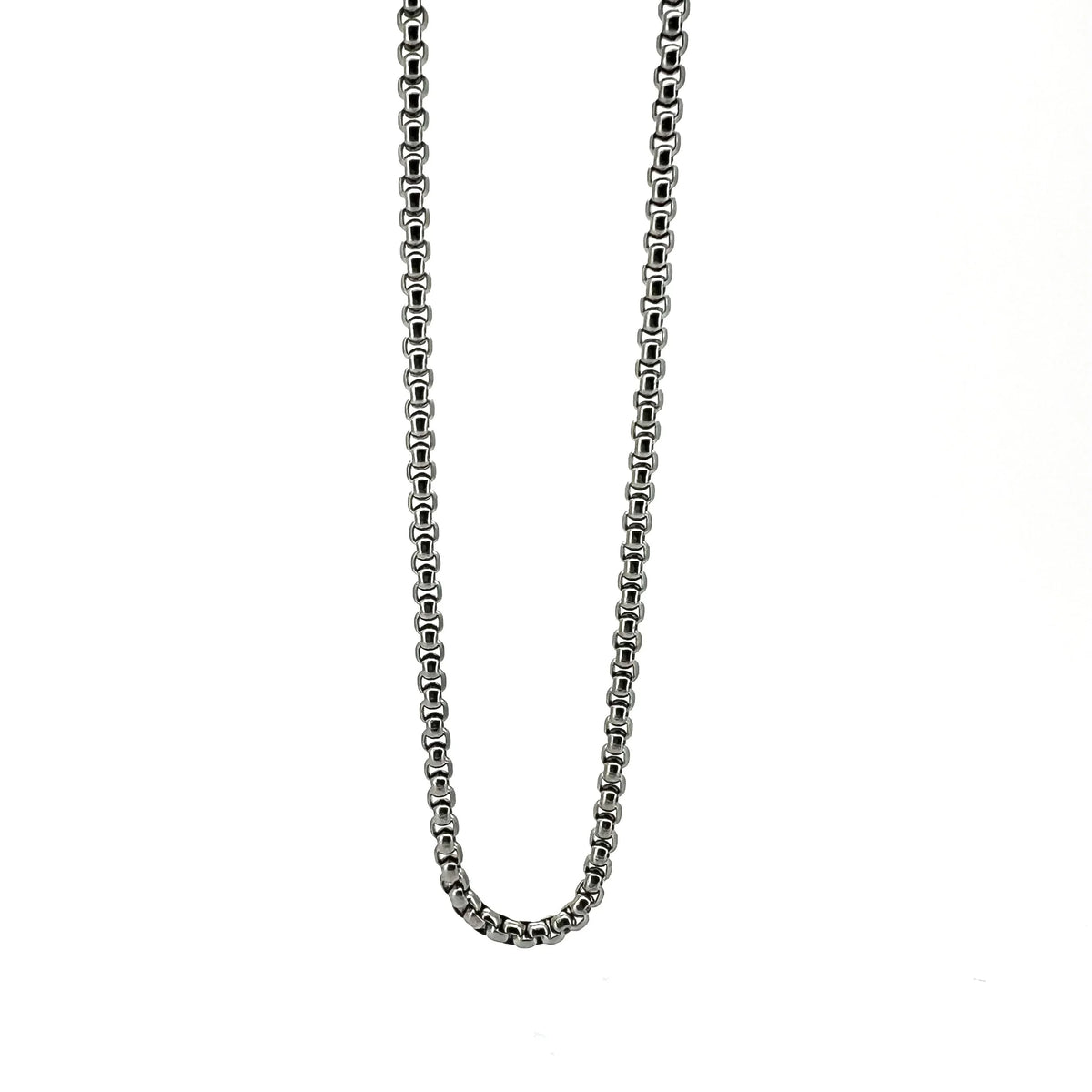 Silver chain necklace with square-linked design.