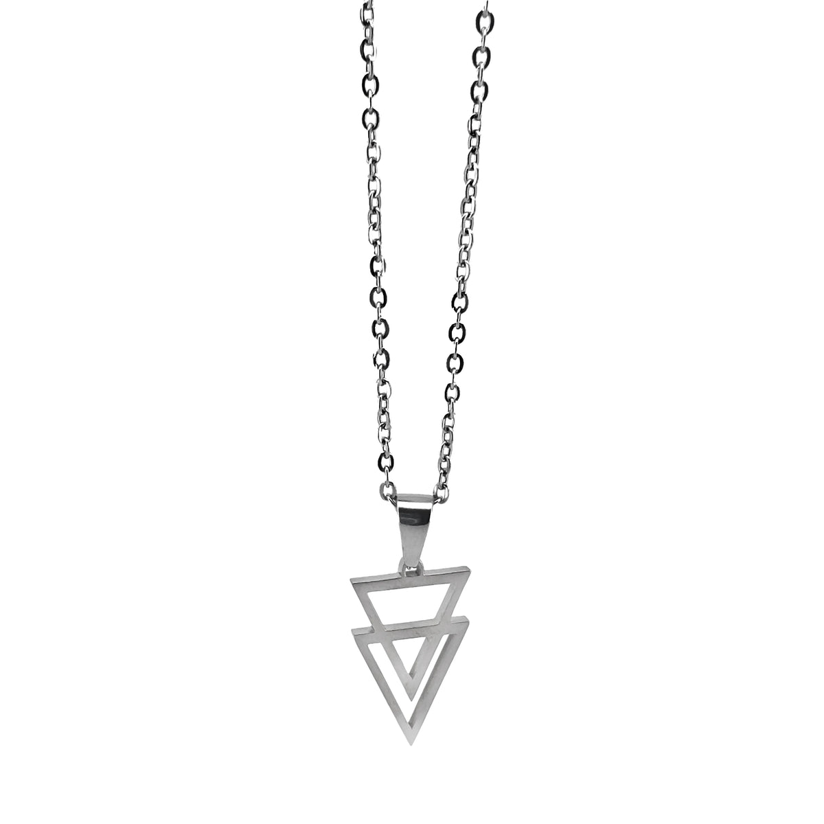 Silver pendant necklace with a double triangle design.