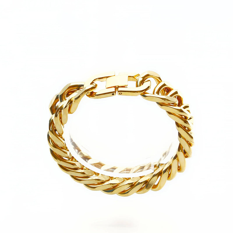 Gold chain bracelet with twisted links.