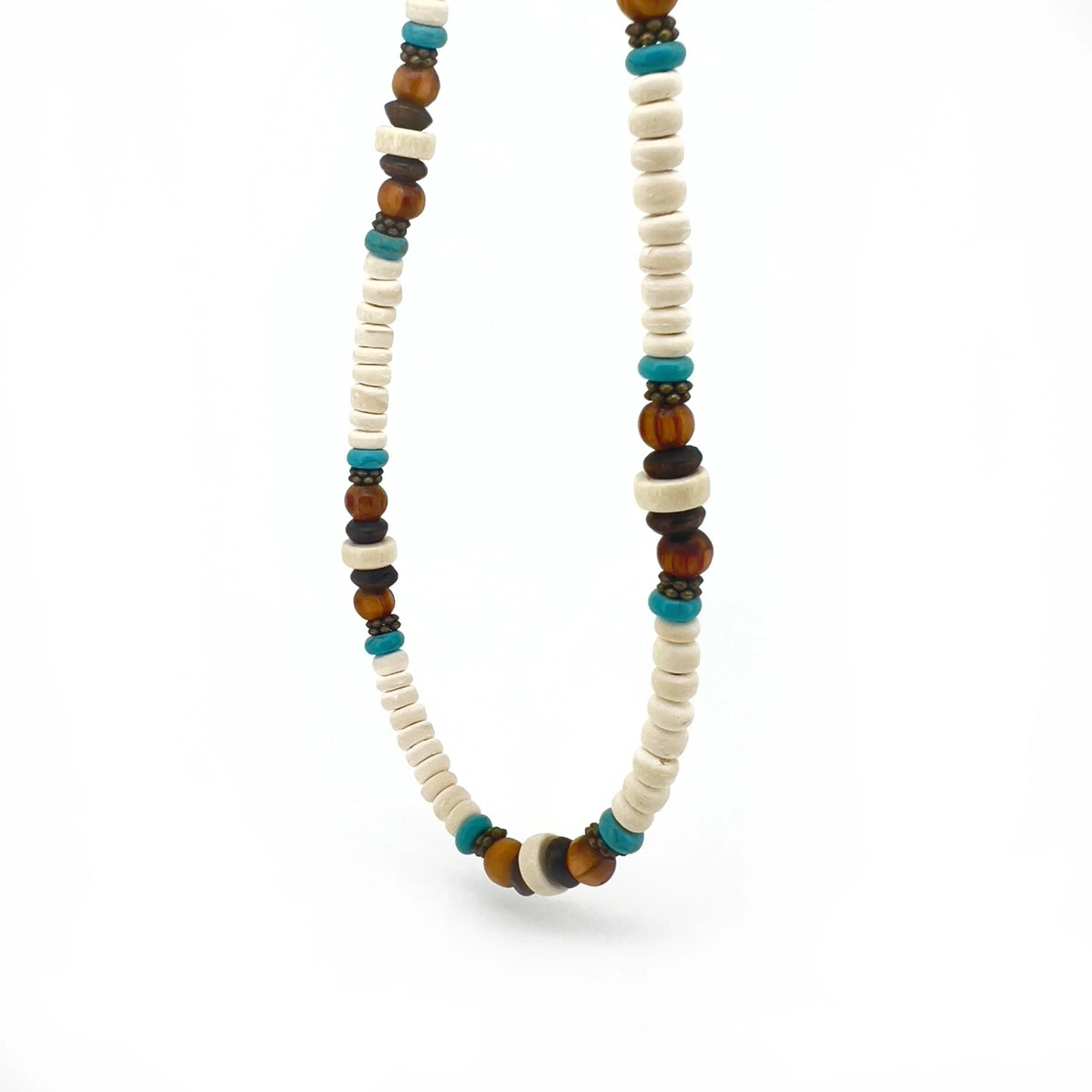 Beaded necklace with white, brown, and turquoise-colored beads.