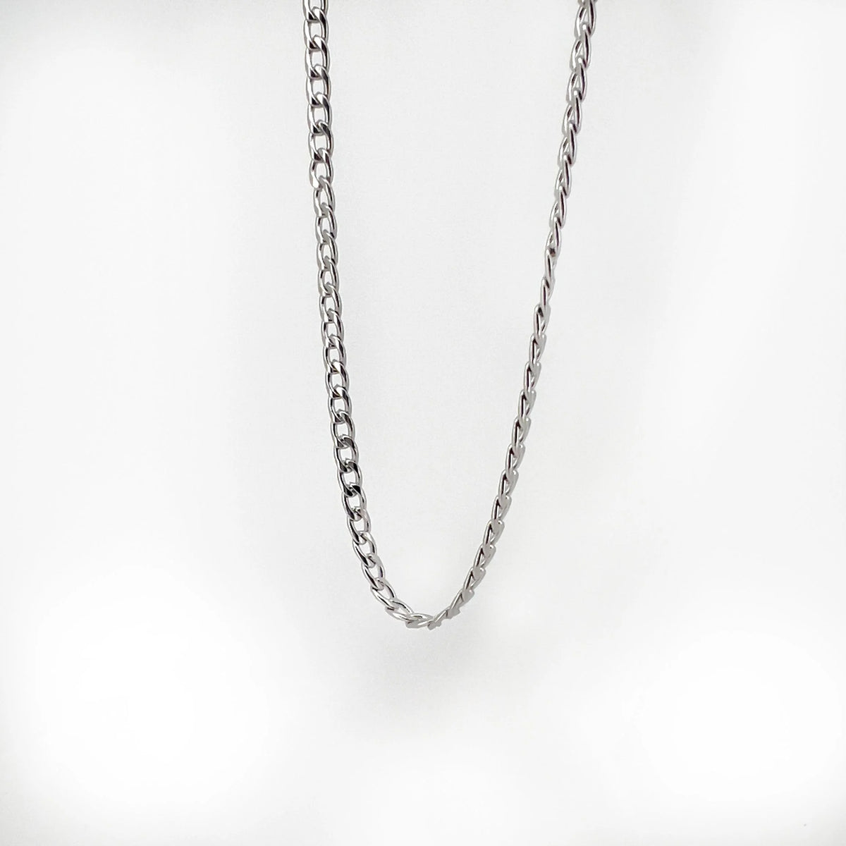 Silver chain necklace with small interlocking links.