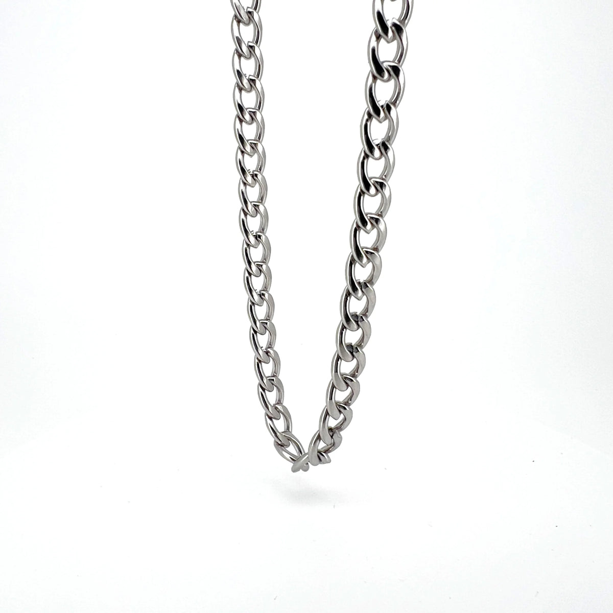 Silver chain necklace with interlocking links.