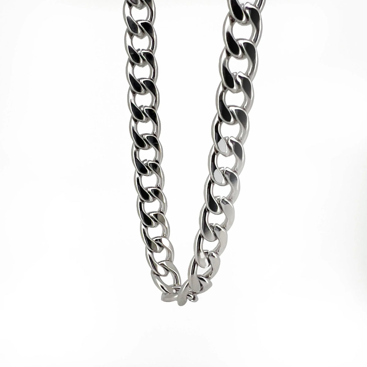 Silver metal chain with thick, interlocking links.