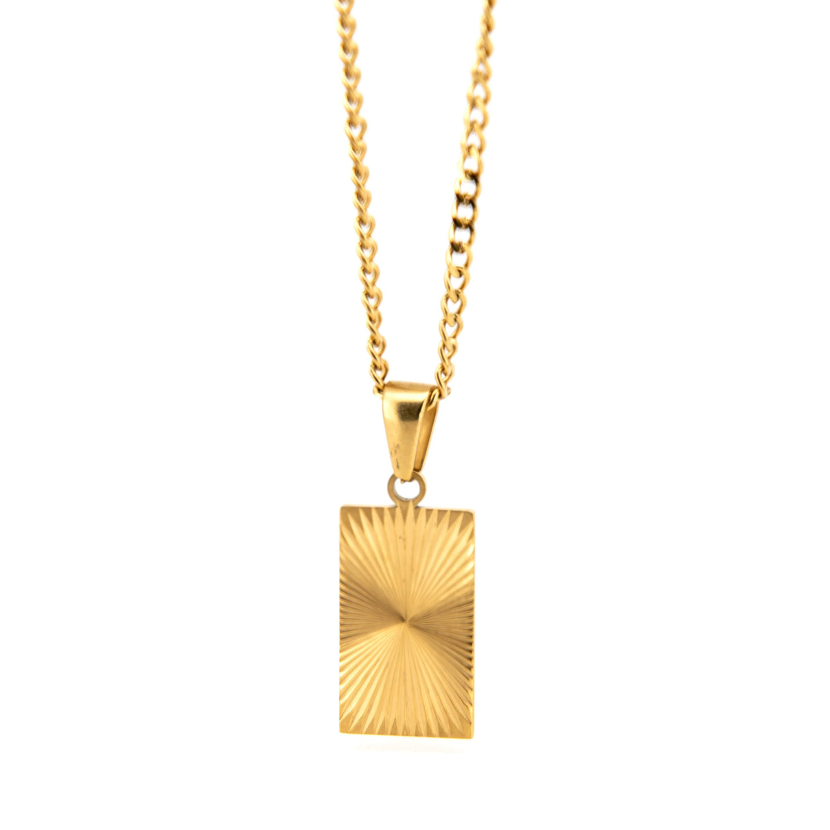 Gold pendant necklace with a rectangular, sunburst-patterned charm.