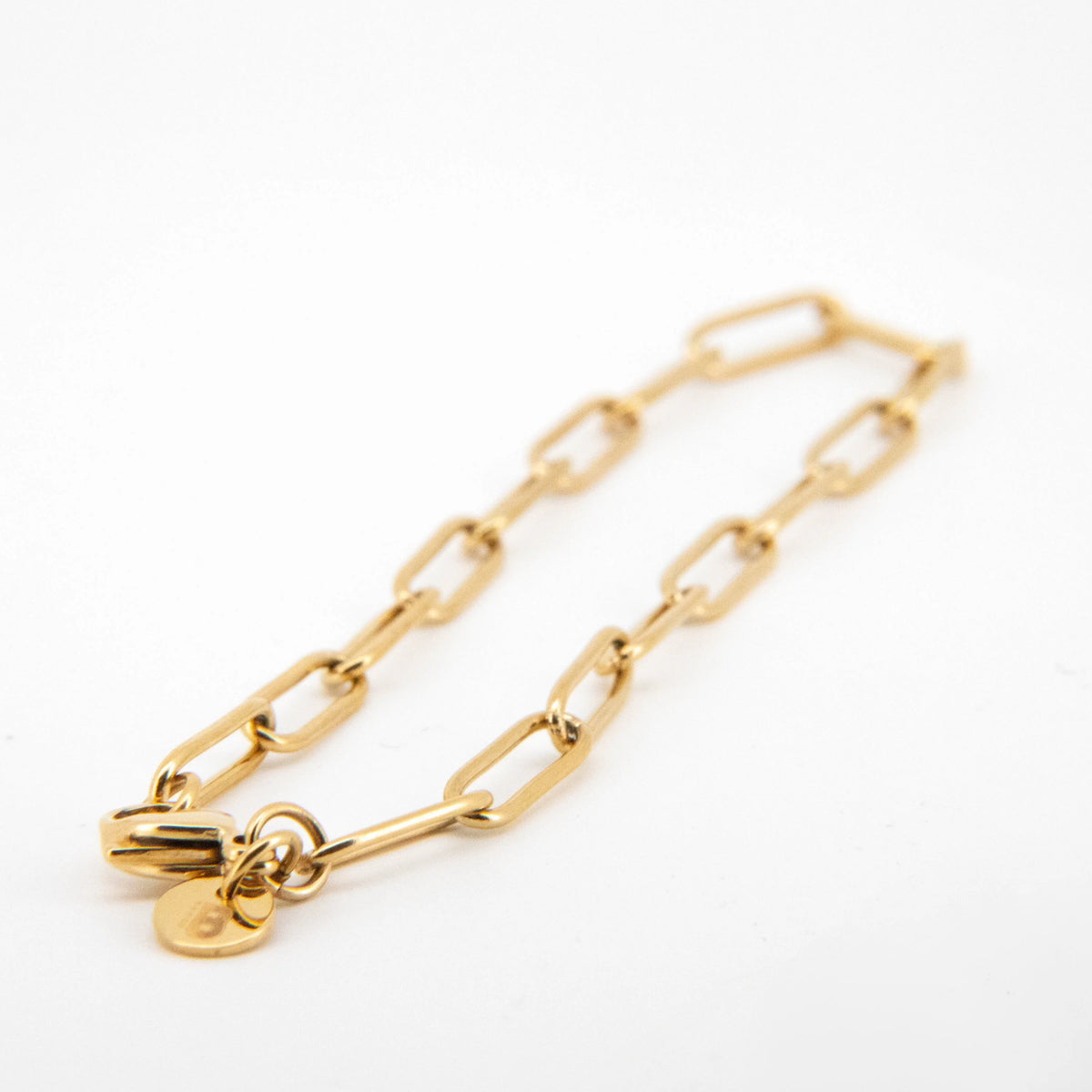 Gold chain bracelet with elongated oval links.