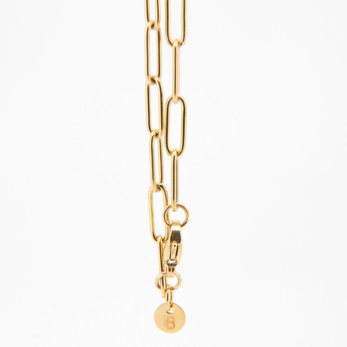 Gold-toned chain necklace with elongated links and a circular pendant.