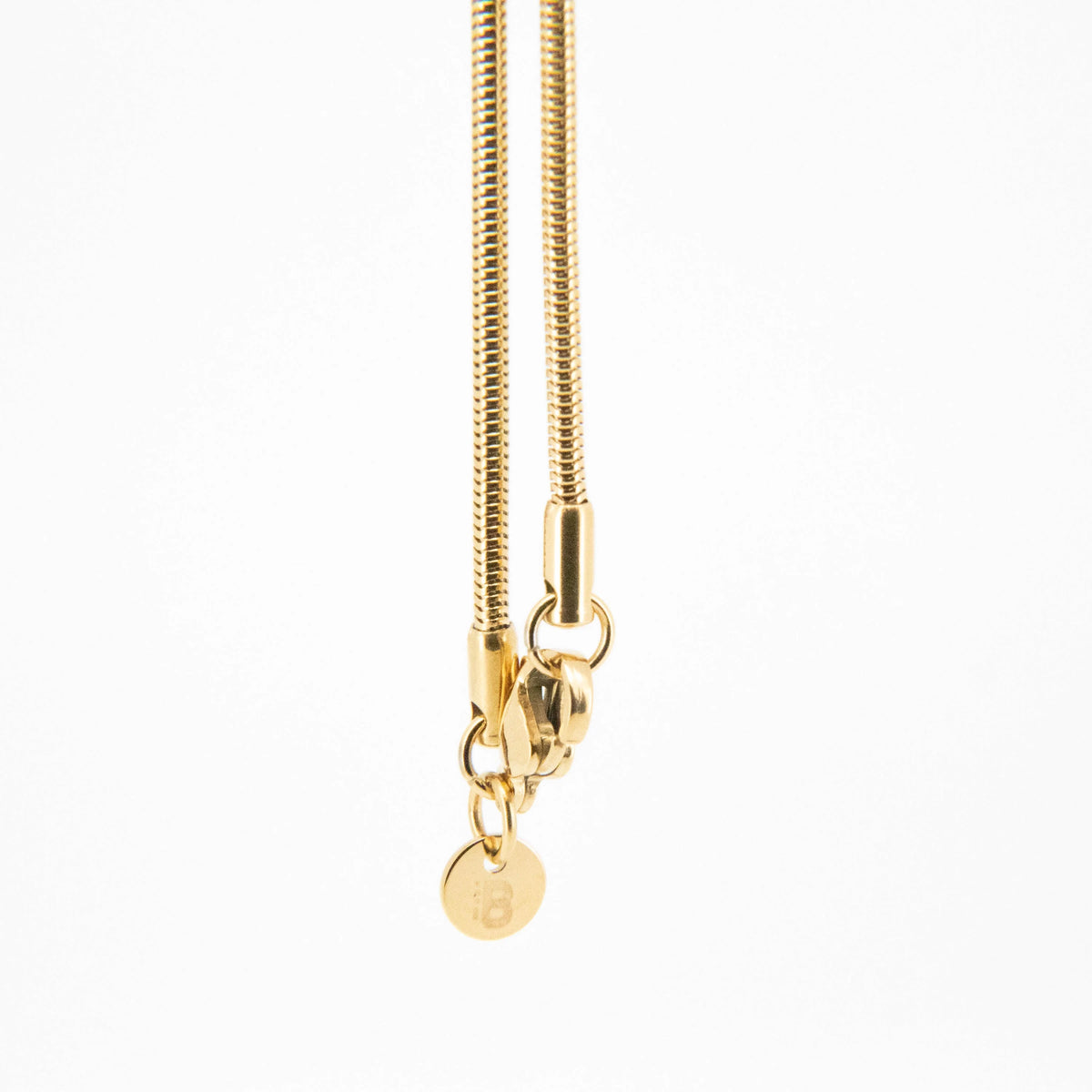 Gold-plated snake chain necklace with a circular pendant and clasp.