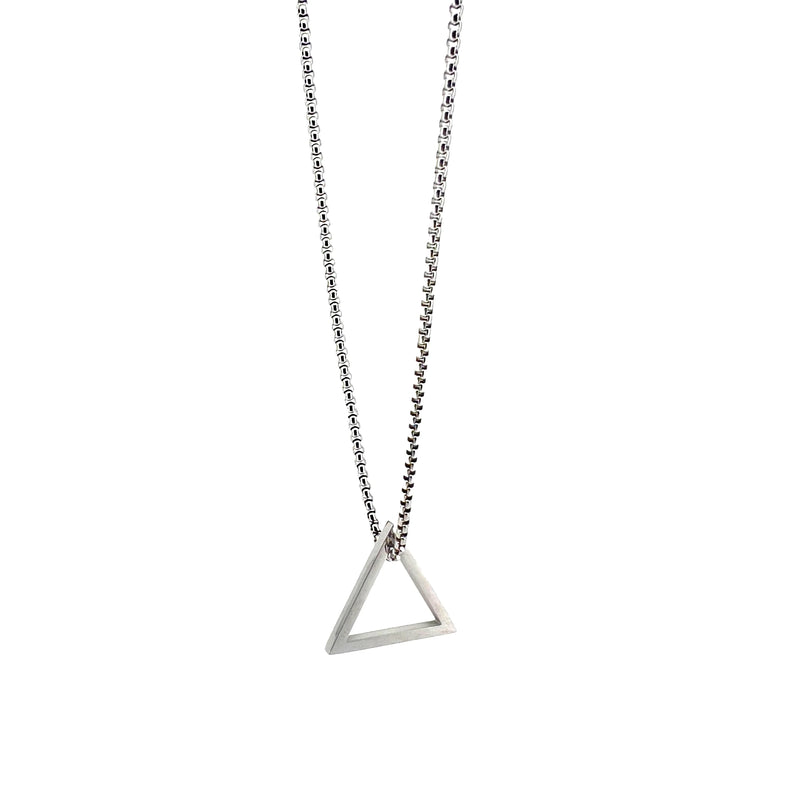 Silver triangle pendant necklace on a thin chain.