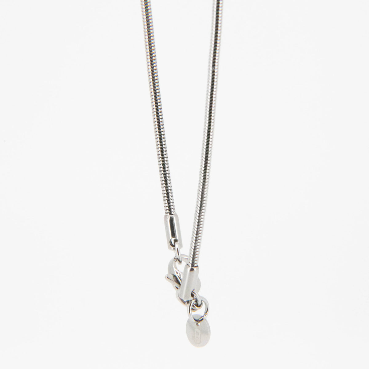 Silver snake chain necklace with a clasp and small pendant.