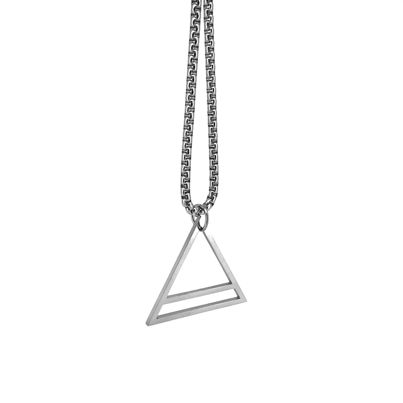 Triangular pendant necklace with a geometric design on a chain.