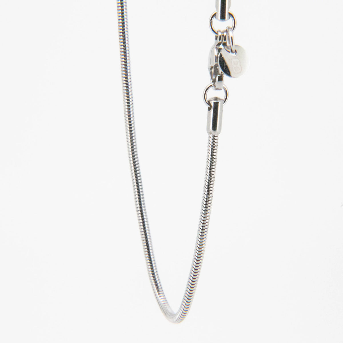 Silver snake chain necklace with a clasp.