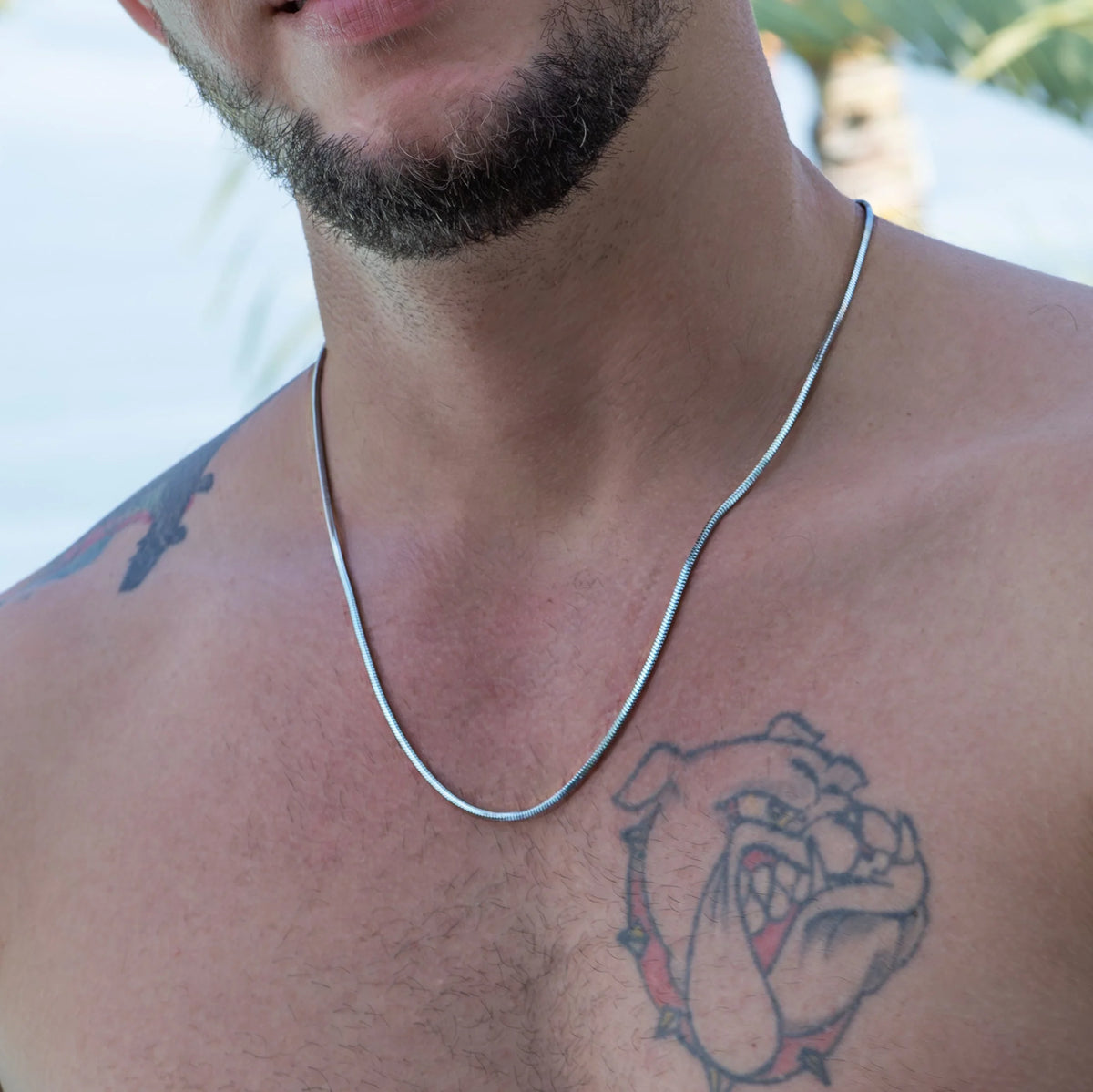 Tattoo of a bulldog’s face on a person’s chest.