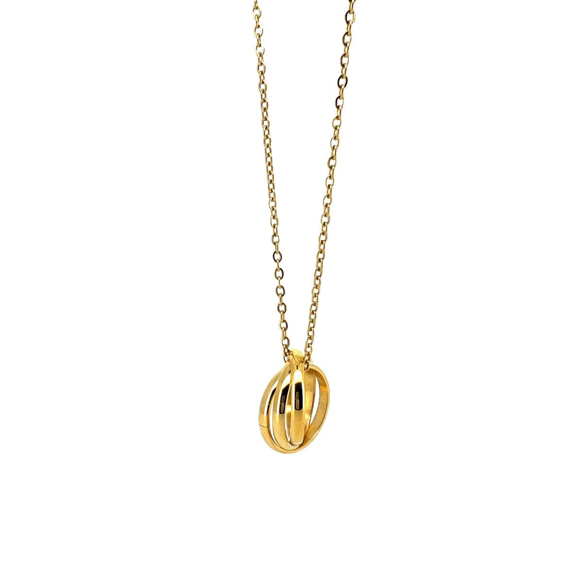 Gold pendant necklace with an interlocking circular design.