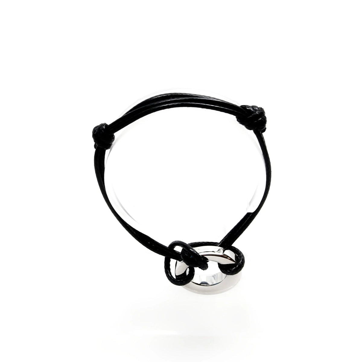 Black cord bracelet with a silver ring charm.