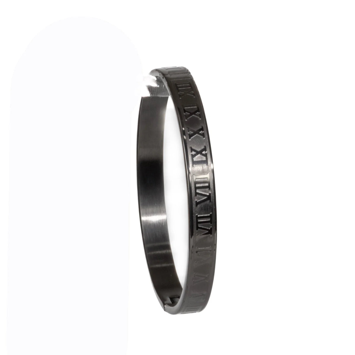 Metallic bangle bracelet with Roman numerals engraved on its surface.