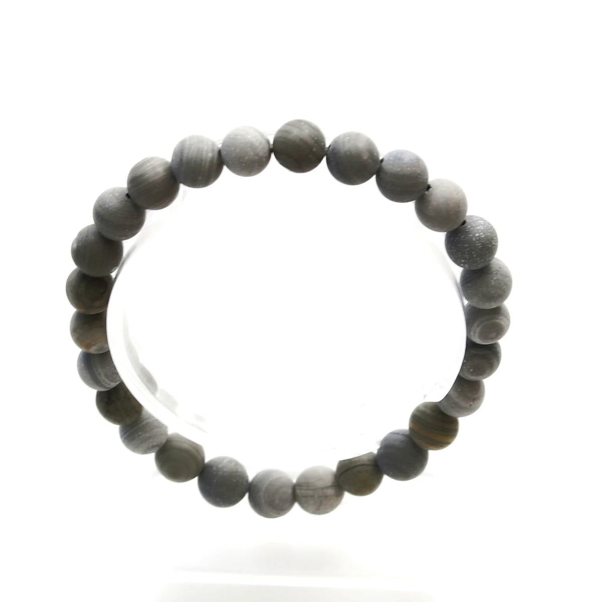 Gray stone bead bracelet with round beads.