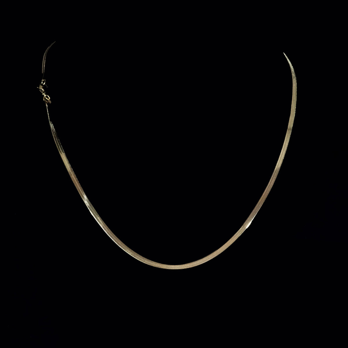 Simple curved silver necklace chain against dark background.