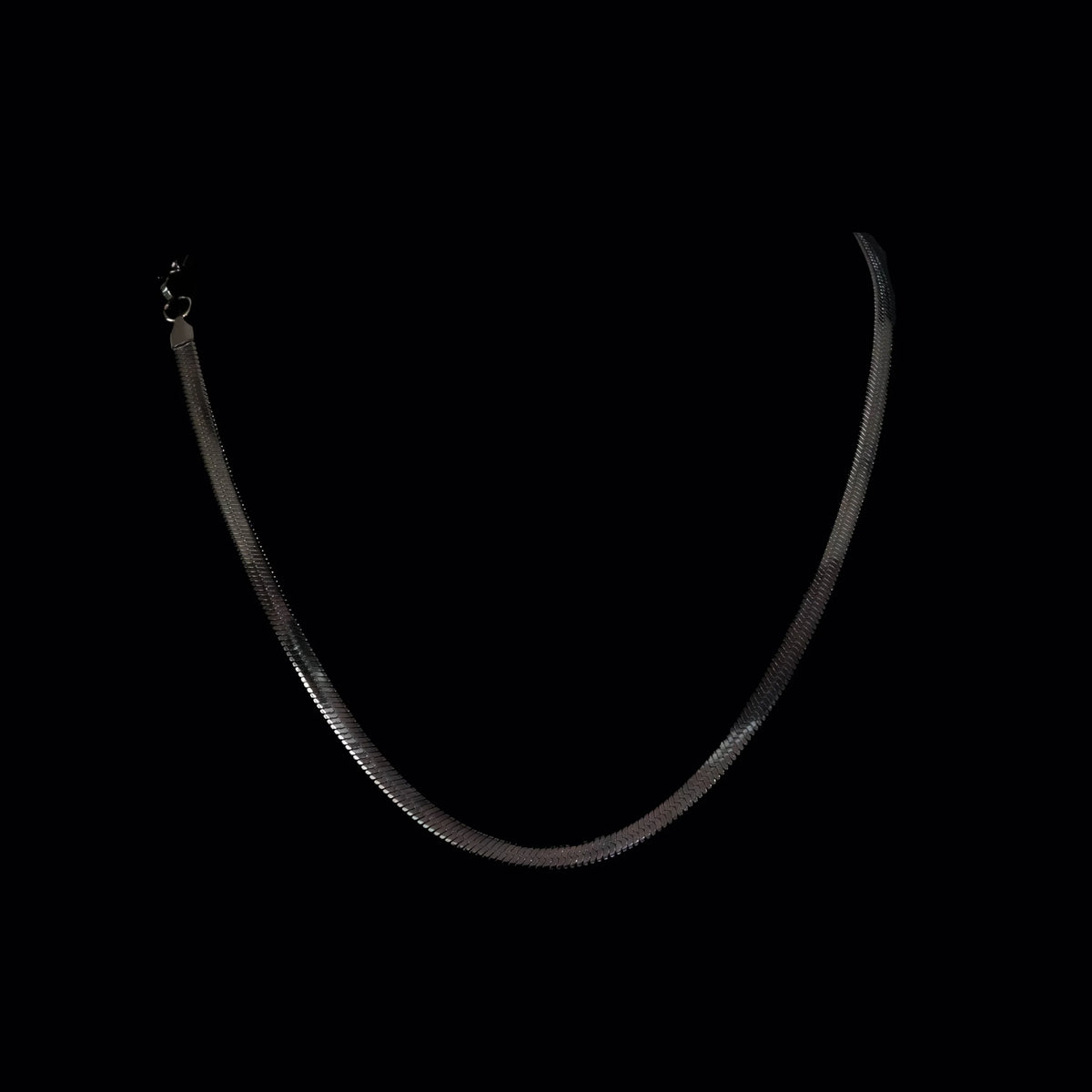 Silver snake chain necklace with a clasp.