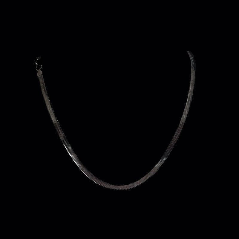 Silver snake chain necklace with a clasp.