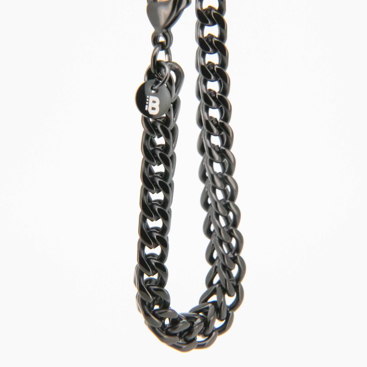 Dark metallic chain necklace with interlocking links.