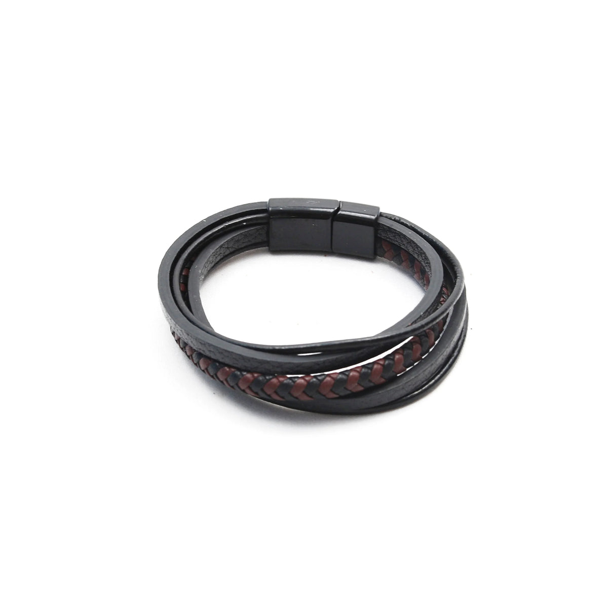 Black leather bracelet with a braided red and black center band and magnetic clasp.