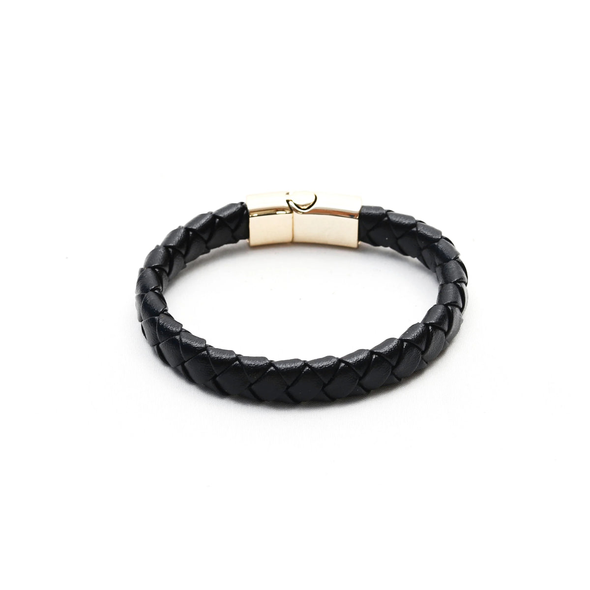 Black braided leather bracelet with a metallic clasp.