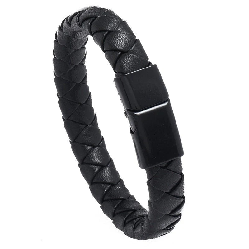 Black leather braided bracelet with a metallic clasp.