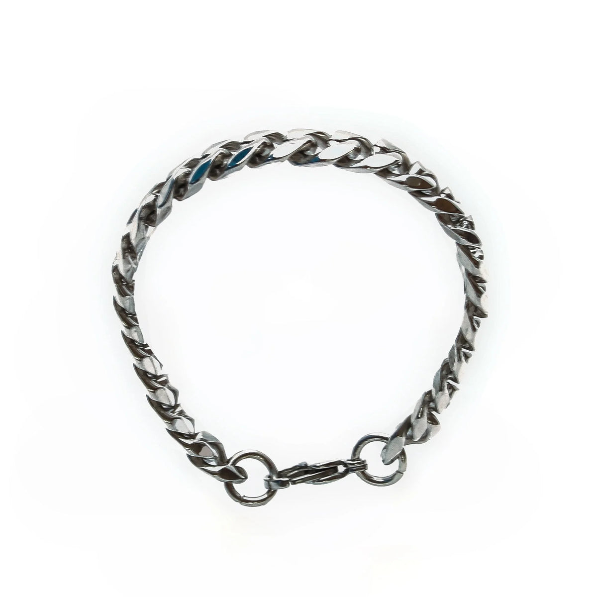 Silver chain bracelet with twisted links.