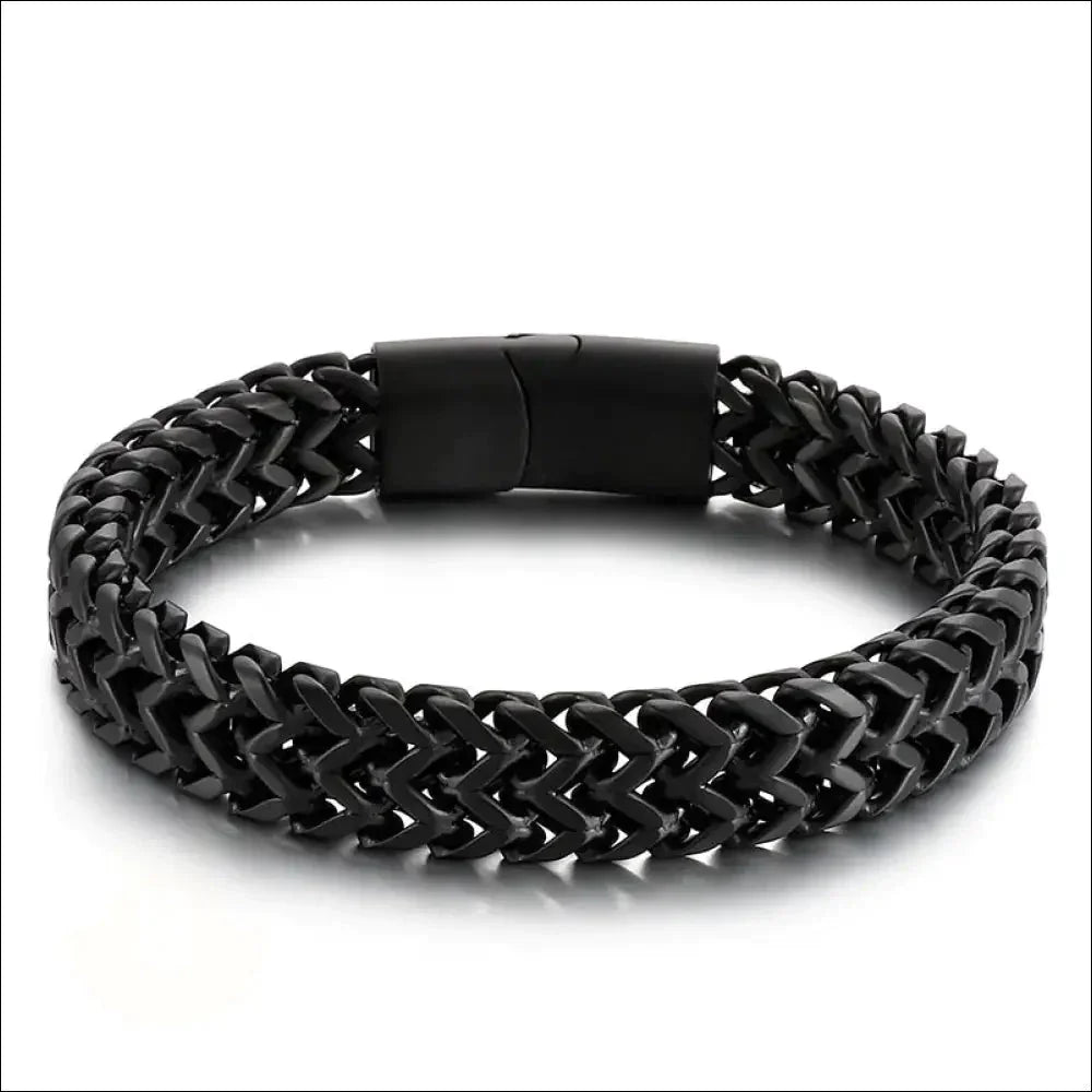 Black metal chain bracelet with a clasp closure.